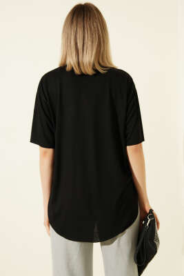 Oval Lazer Kesim T-shirt Siyah - Kadın Giyim Modelleri