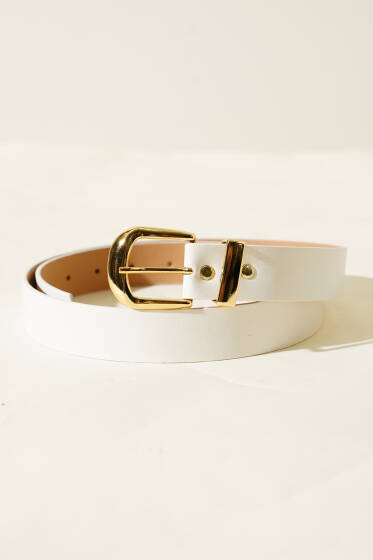 Oval Metal Kare Tokalı Kemer Beyaz - Deri Kemer