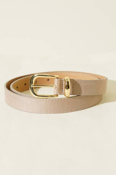 Oval Metal Süet Toka Detaylı Kemer Bej - Deri Kemer