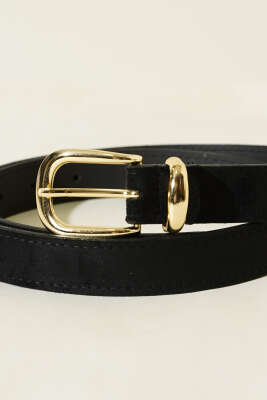 Oval Metal Süet Toka Detaylı Kemer Siyah - Deri Kemer