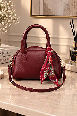 Oval Model Fularlı Çanta Bordo 