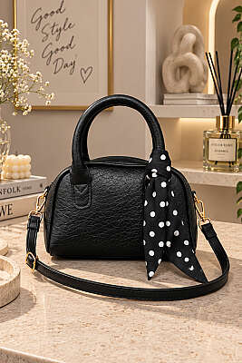 Oval Model Fularlı Çanta Siyah 