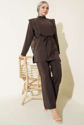 Oval Parçalı İp Kuşaklı Modal İkili Takım Acı Kahve 