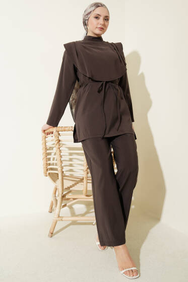 Oval Parçalı İp Kuşaklı Modal İkili Takım Acı Kahve - İkili Takım