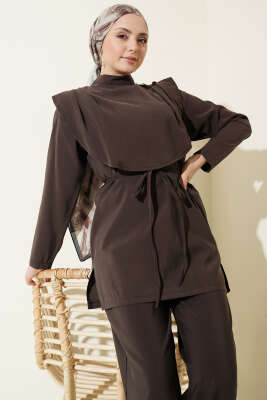 Oval Parçalı İp Kuşaklı Modal İkili Takım Acı Kahve - İkili Takım