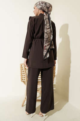 Oval Parçalı İp Kuşaklı Modal İkili Takım Acı Kahve - İkili Takım