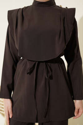 Oval Parçalı İp Kuşaklı Modal İkili Takım Acı Kahve - İkili Takım