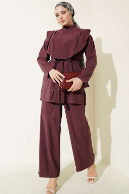 Oval Parçalı İp Kuşaklı Modal İkili Takım Burgonya 