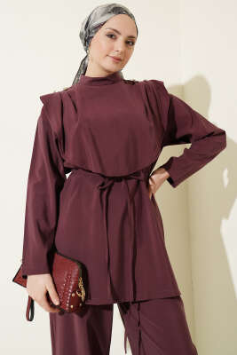 Oval Parçalı İp Kuşaklı Modal İkili Takım Burgonya - İkili Takım