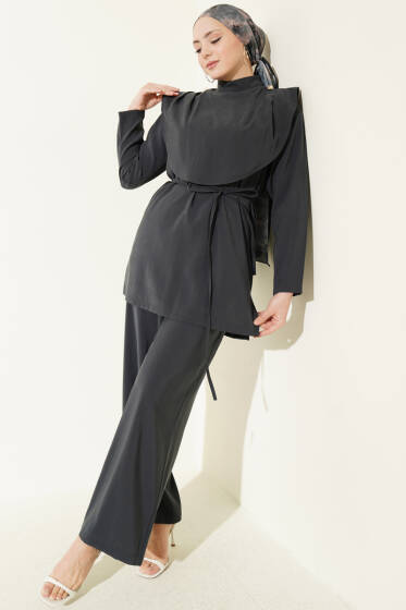 Oval Parçalı İp Kuşaklı Modal İkili Takım Füme - İkili Takım