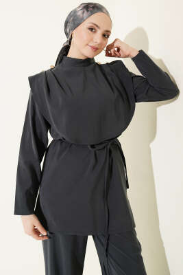 Oval Parçalı İp Kuşaklı Modal İkili Takım Füme - İkili Takım