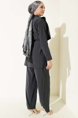 Oval Parçalı İp Kuşaklı Modal İkili Takım Füme - İkili Takım