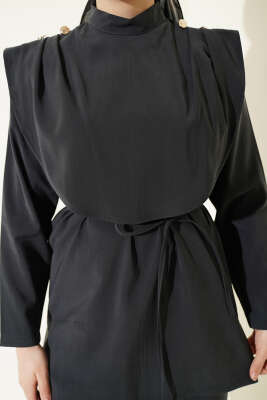 Oval Parçalı İp Kuşaklı Modal İkili Takım Füme - İkili Takım