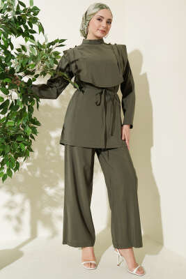 Oval Parçalı İp Kuşaklı Modal İkili Takım Haki 