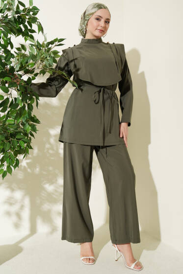 Oval Parçalı İp Kuşaklı Modal İkili Takım Haki - İkili Takım