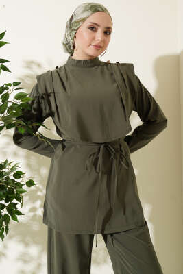 Oval Parçalı İp Kuşaklı Modal İkili Takım Haki - İkili Takım
