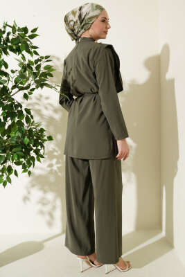 Oval Parçalı İp Kuşaklı Modal İkili Takım Haki - İkili Takım