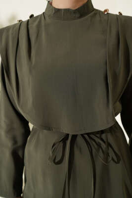 Oval Parçalı İp Kuşaklı Modal İkili Takım Haki - İkili Takım