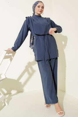 Oval Parçalı İp Kuşaklı Modal İkili Takım İndigo - MUSTİ