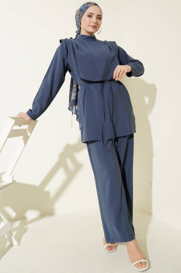Oval Parçalı İp Kuşaklı Modal İkili Takım İndigo - İkili Takım