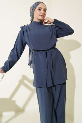 Oval Parçalı İp Kuşaklı Modal İkili Takım İndigo - İkili Takım