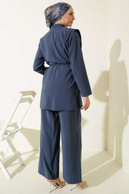 Oval Parçalı İp Kuşaklı Modal İkili Takım İndigo - İkili Takım