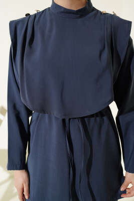 Oval Parçalı İp Kuşaklı Modal İkili Takım İndigo - İkili Takım