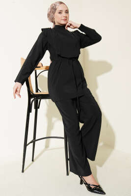 Oval Parçalı İp Kuşaklı Modal İkili Takım Siyah 