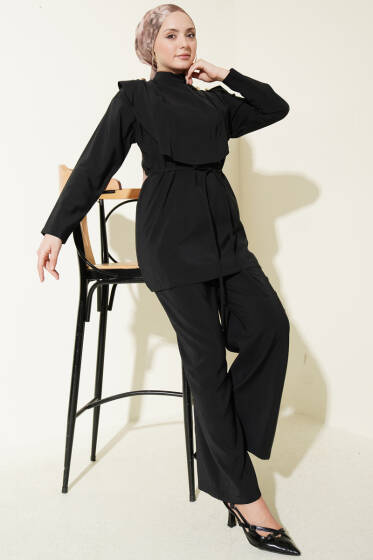 Oval Parçalı İp Kuşaklı Modal İkili Takım Siyah - İkili Takım