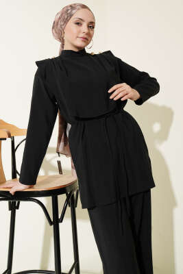 Oval Parçalı İp Kuşaklı Modal İkili Takım Siyah - İkili Takım