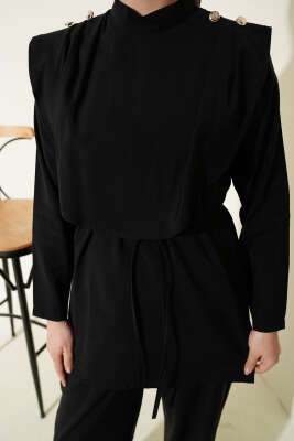 Oval Parçalı İp Kuşaklı Modal İkili Takım Siyah - İkili Takım