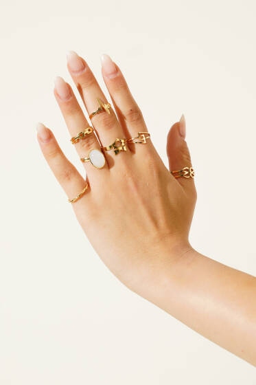 Oval Sedef Taşlı 7'li Yüzük Seti Gold - Yüzük