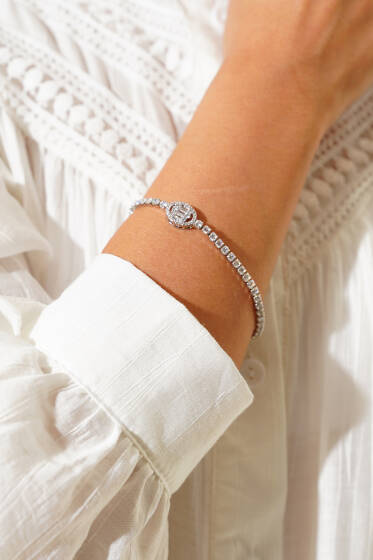 Oval Su Yolu Taşlı Bileklik Gümüş - Bileklik