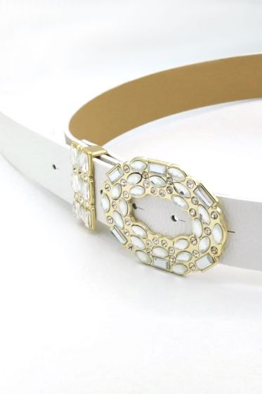 Oval Taş Süsleme Tokalı Beyaz Gold Kemer - Deri Kemer
