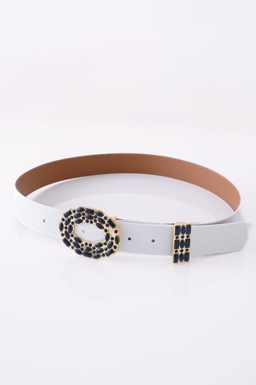 Oval Taş Süsleme Tokalı Beyaz Siyah Kemer - Deri Kemer