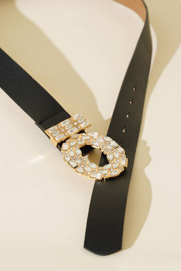 Oval Taş Süsleme Tokalı Siyah Gold Kemer - Deri Kemer