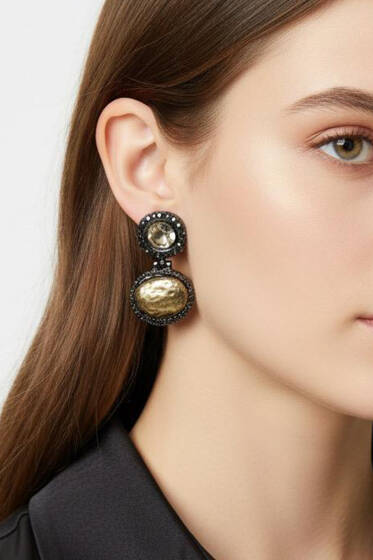 Oval Taşlı Vintage Küpe Yeşil Kahve - Yılın Fırsatı