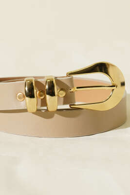 Oval Tokalı İki Köprülü Kemer Bej - Deri Kemer