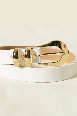 Oval Tokalı İki Köprülü Kemer Beyaz - Deri Kemer