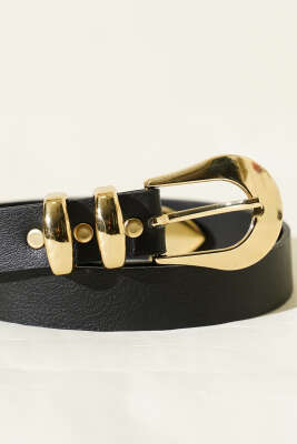 Oval Tokalı İki Köprülü Kemer Siyah - Deri Kemer