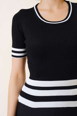 Oval Yaka Altı Çizgili Triko Body Siyah - Kadın Giyim Modelleri