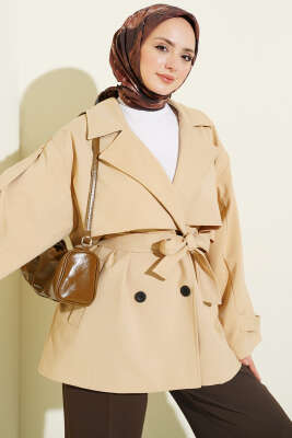 Oversize Apoletli Düğmeli Kısa Trençkot Bej - MİSS PERRY