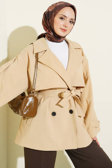 Oversize Apoletli Düğmeli Kısa Trençkot Bej - Trençkot