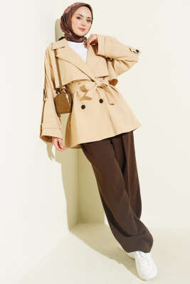 Oversize Apoletli Düğmeli Kısa Trençkot Bej - Trençkot