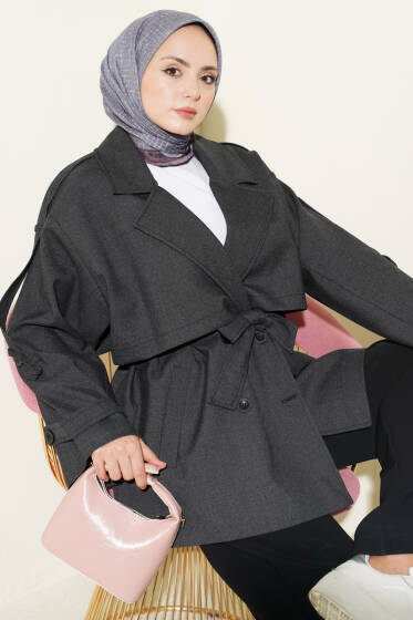 Oversize Apoletli Düğmeli Kısa Trençkot Füme - Trençkot