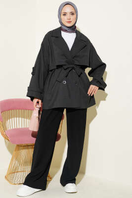 Oversize Apoletli Düğmeli Kısa Trençkot Füme - Trençkot