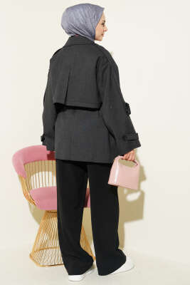 Oversize Apoletli Düğmeli Kısa Trençkot Füme - Trençkot