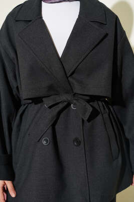 Oversize Apoletli Düğmeli Kısa Trençkot Füme - Trençkot