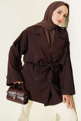 Oversize Apoletli Düğmeli Kısa Trençkot Kahve - MİSS PERRY