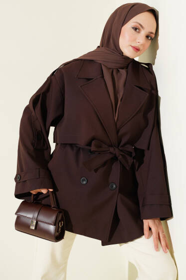 Oversize Apoletli Düğmeli Kısa Trençkot Kahve - Trençkot